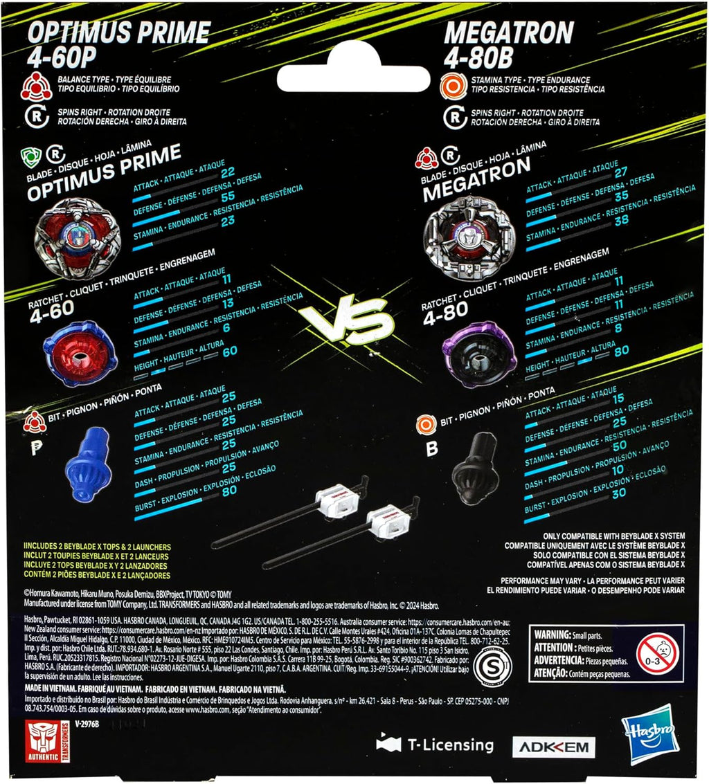 Beyblade X Transformers Collab Optimus Prime 4-60P vs. Megatron 4-80B Multipack Set with 2 Tops & 2 launchers