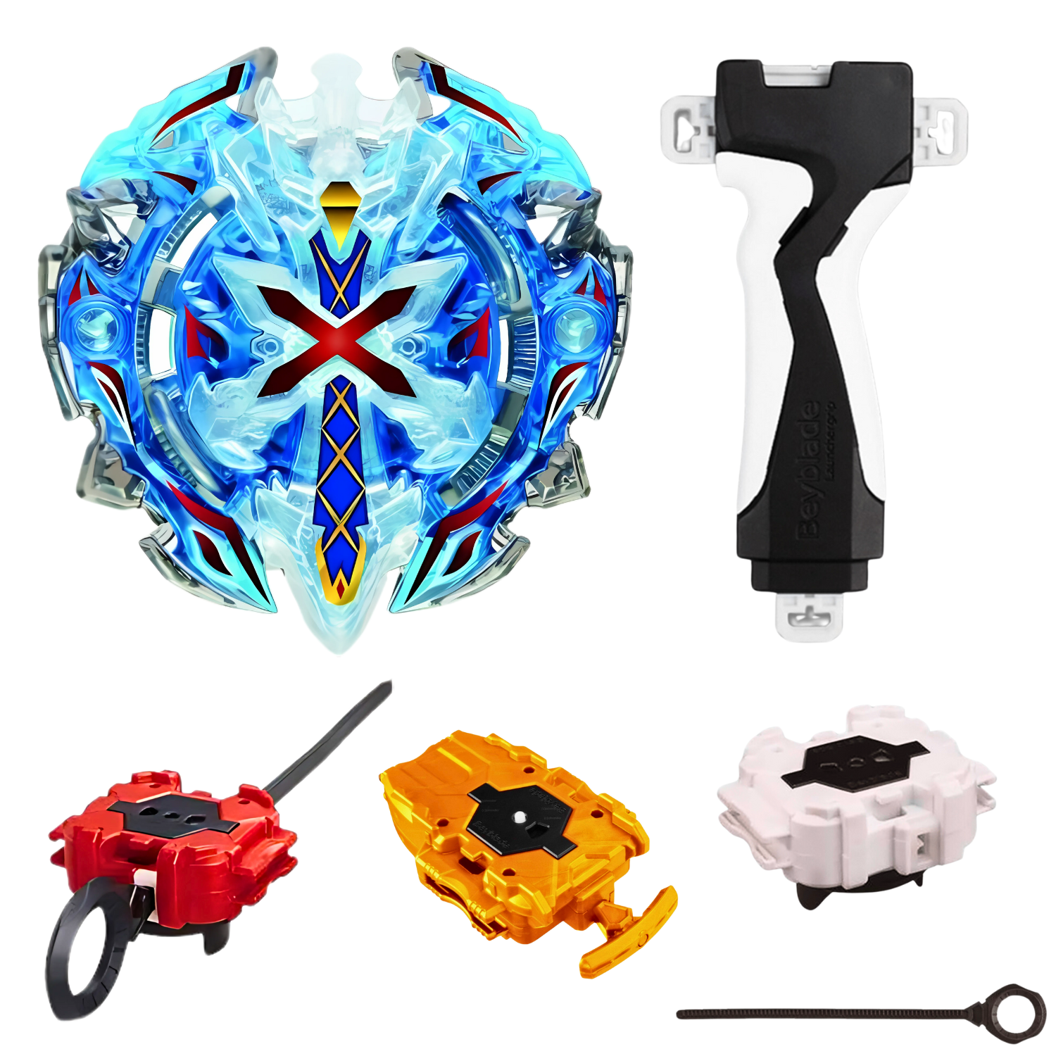 Blue Xeno Xcalibur Down Orbit spinning in Beyblade battle arena