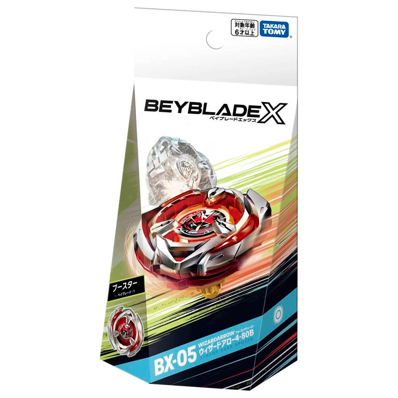 Close-up of Wizard Arrow 4-80B Beyblade in BX-05 booster