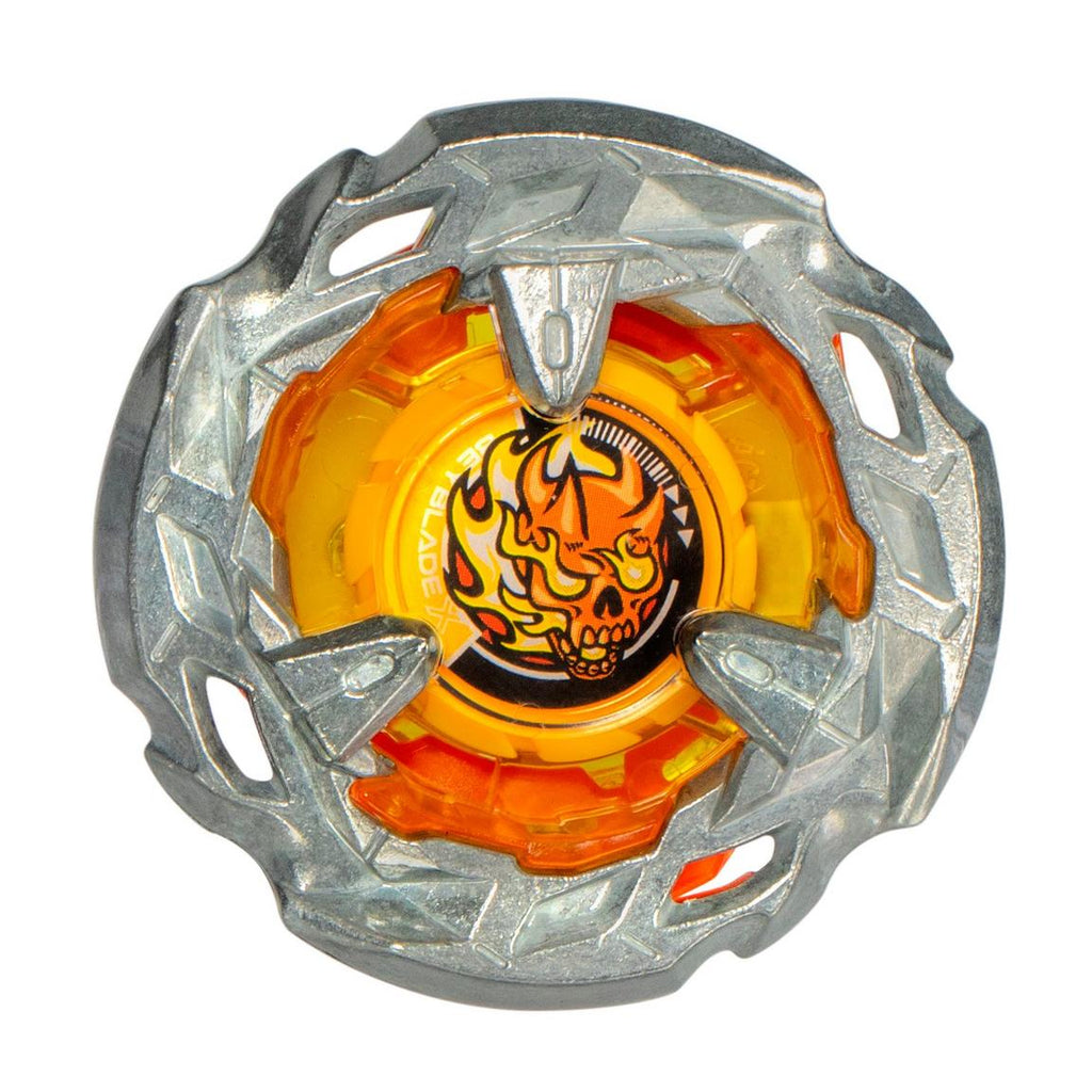 Close-up of Beyblade X Scythe Incendio 3-80B blade and ratchet details