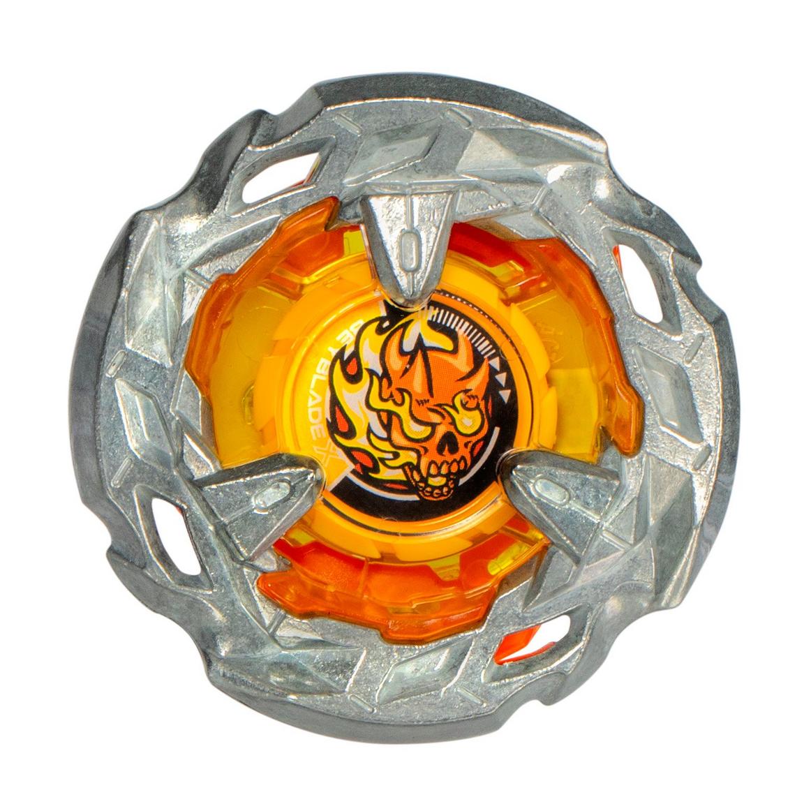 Close-up of Beyblade X Scythe Incendio 3-80B blade and ratchet details
