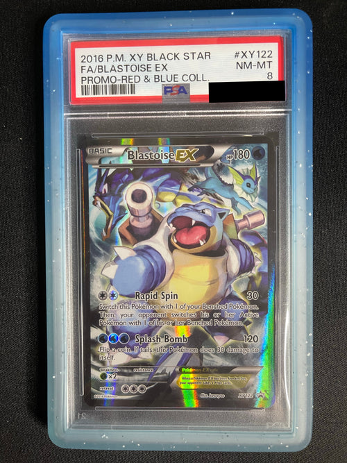 Blastoise EX XY122 Black Star Promo PSA 8 — front vertical original photo, PSA certificate hidden