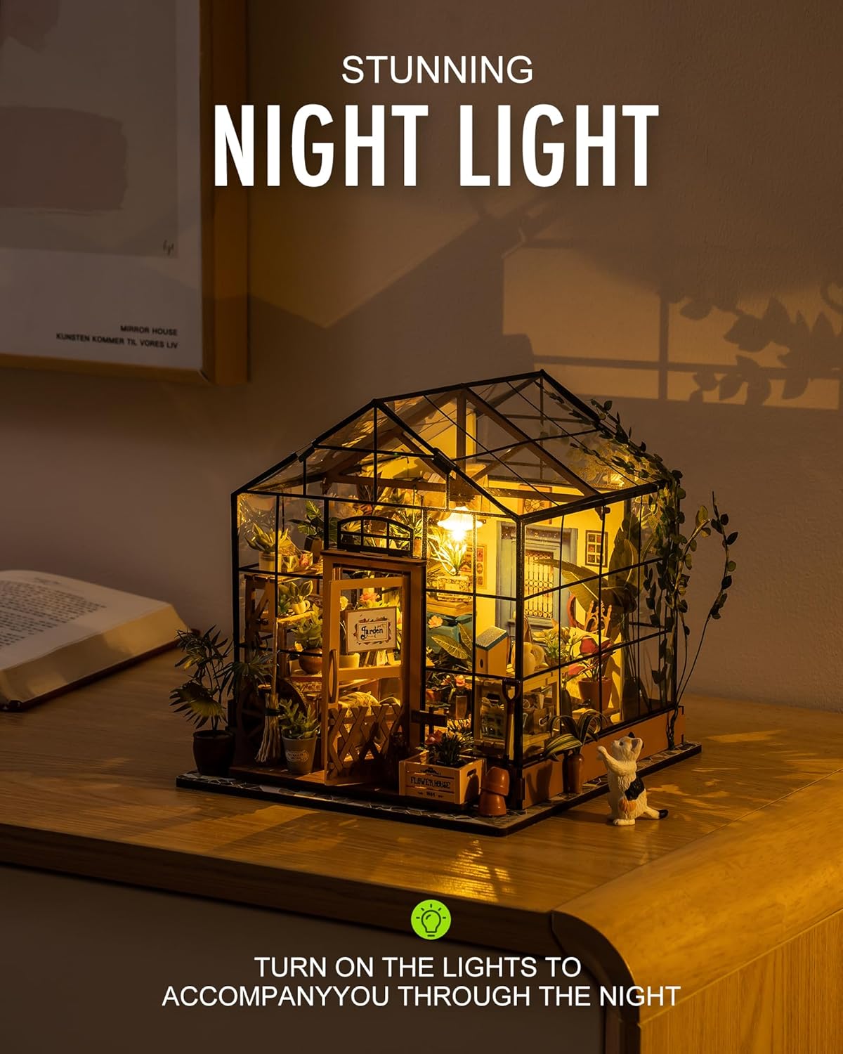 LED-lit display of Rolife Cathy's Flower House miniature greenhouse
