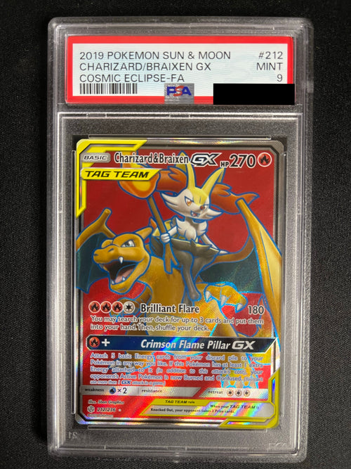 Charizard & Braixen GX 212/236 Cosmic Eclipse Full Art PSA 9 — front original photo, PSA certificate hidden