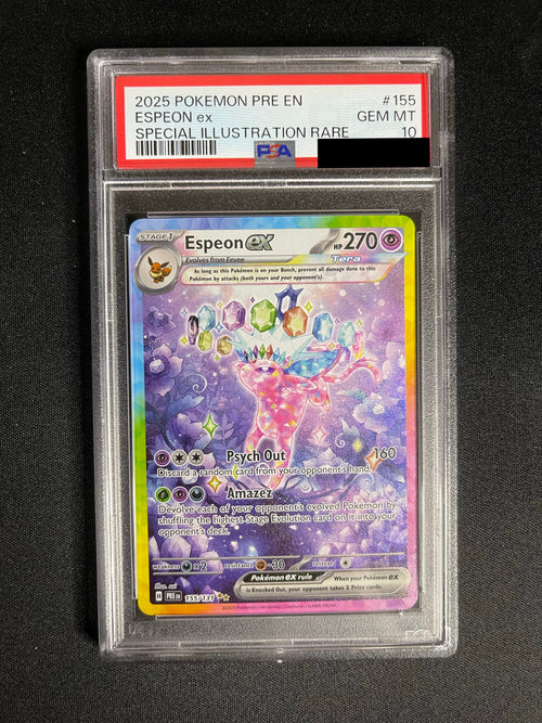 Espeon ex 155/131 Prismatic Evolutions Special Illustration Rare PSA 10 — front original photo, PSA certificate hidden
