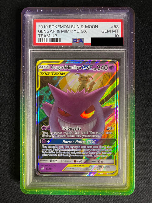 Gengar & Mimikyu GX 53/181 Team Up PSA 10 — front original photo, PSA certificate hidden