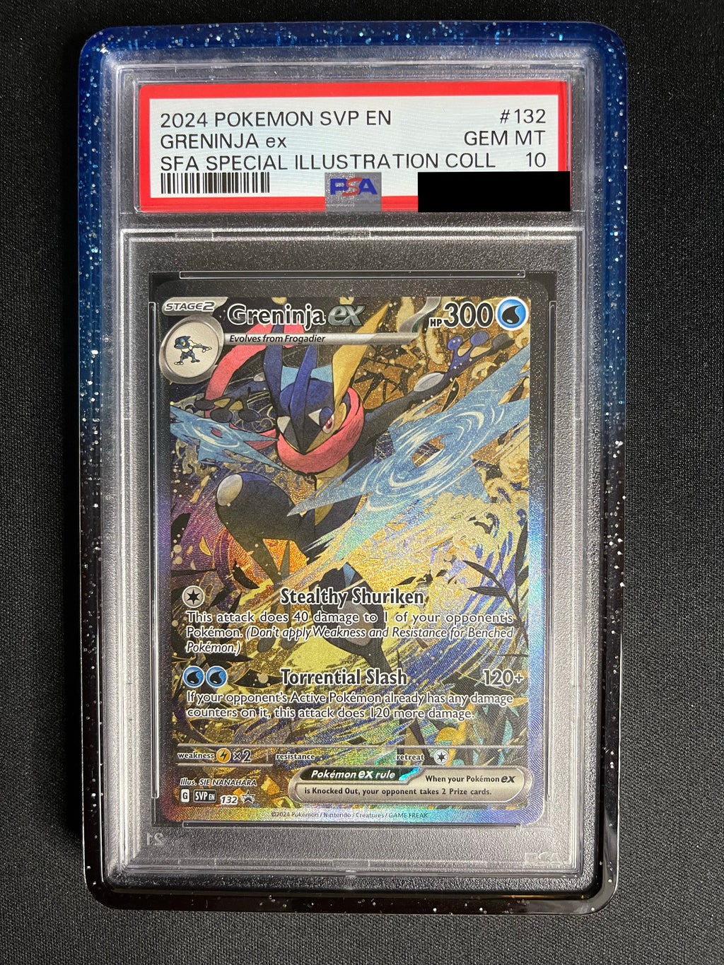 Greninja ex 132 Shrouded Fable Special Illustration Collection PSA 10 — front vertical original photo, PSA certificate hidden