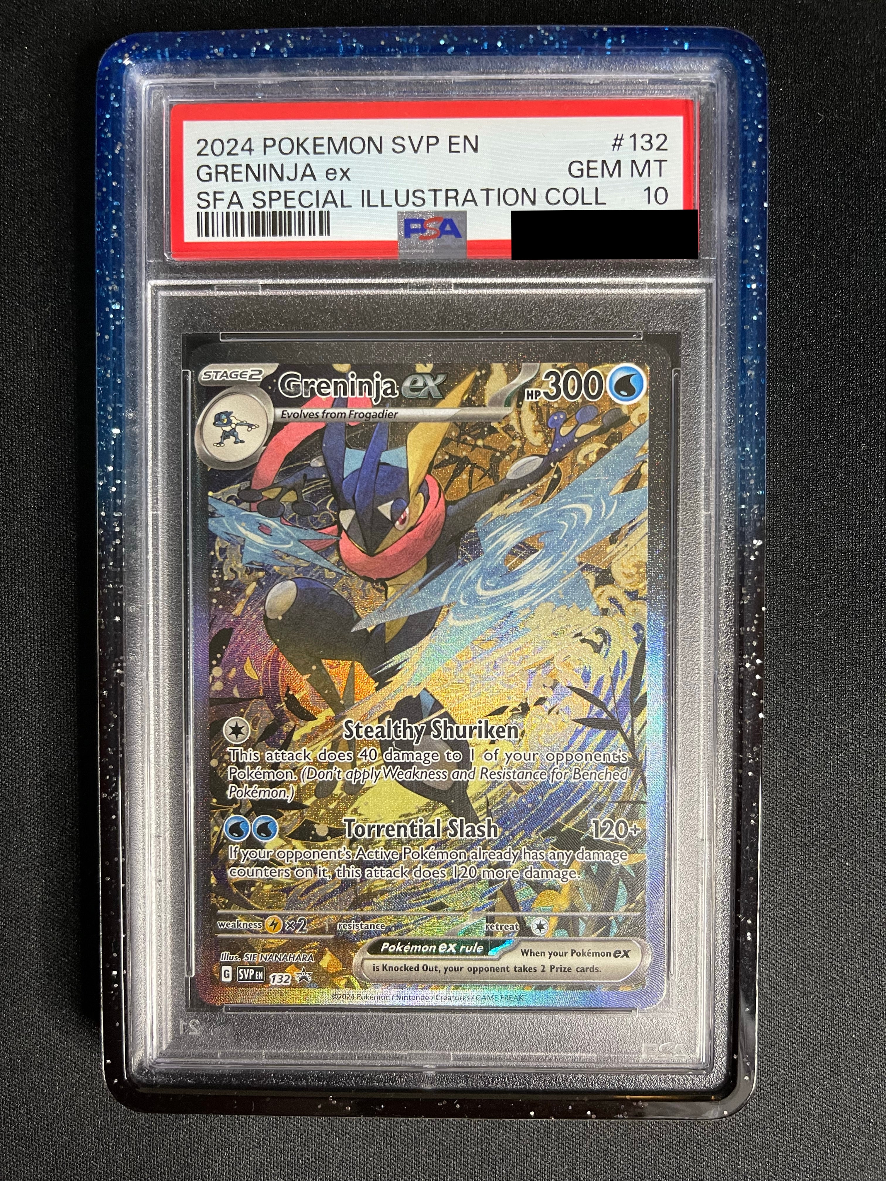 Greninja ex 132 Shrouded Fable Special Illustration Collection PSA 10 — front vertical original photo, PSA certificate hidden