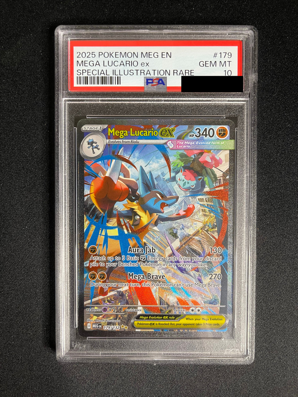 Mega Lucario ex 179/132 Mega Evolution Special Illustration Rare PSA 10 — front original photo, PSA certificate hidden
