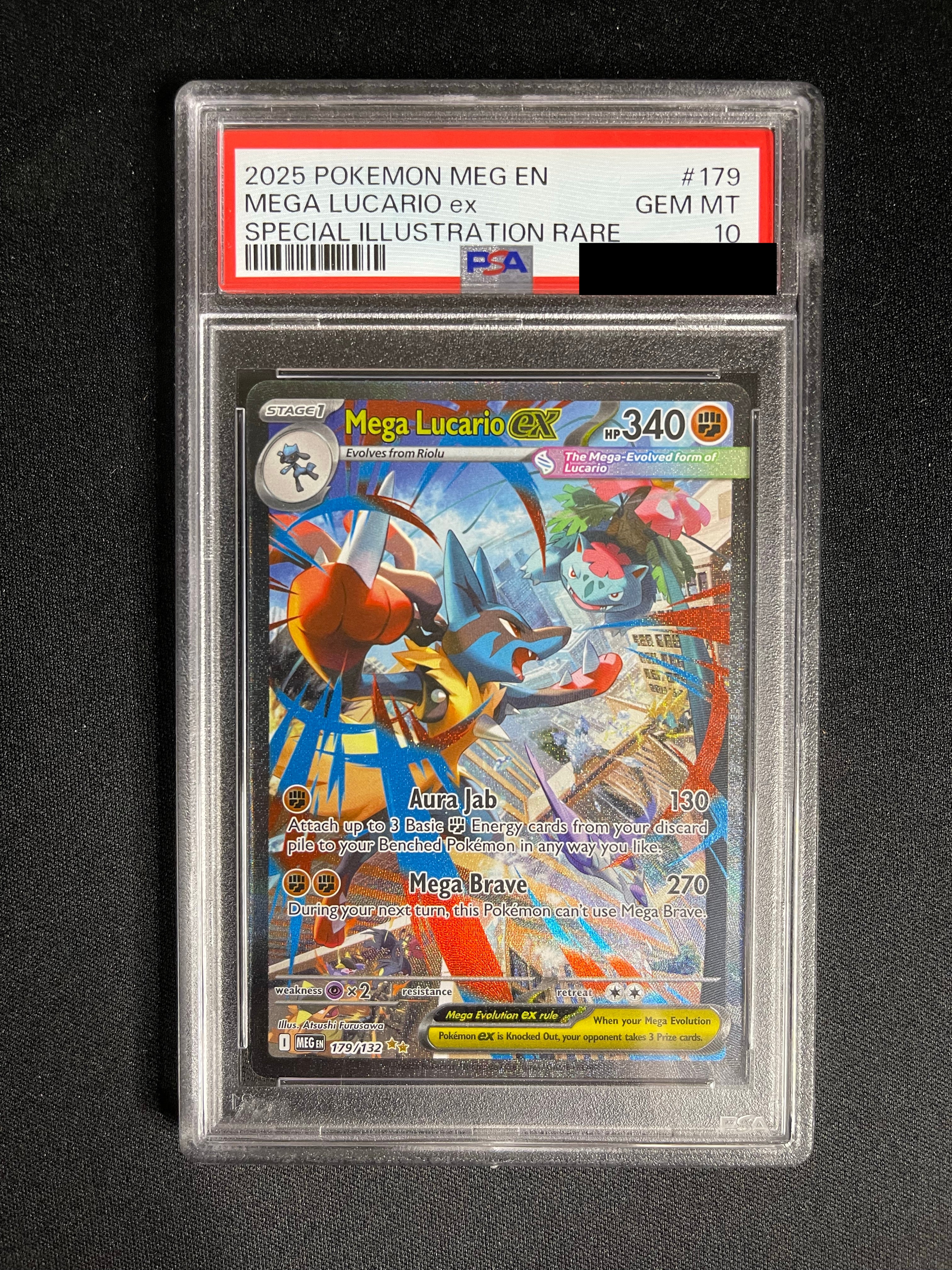 Mega Lucario ex 179/132 Mega Evolution Special Illustration Rare PSA 10 — front original photo, PSA certificate hidden
