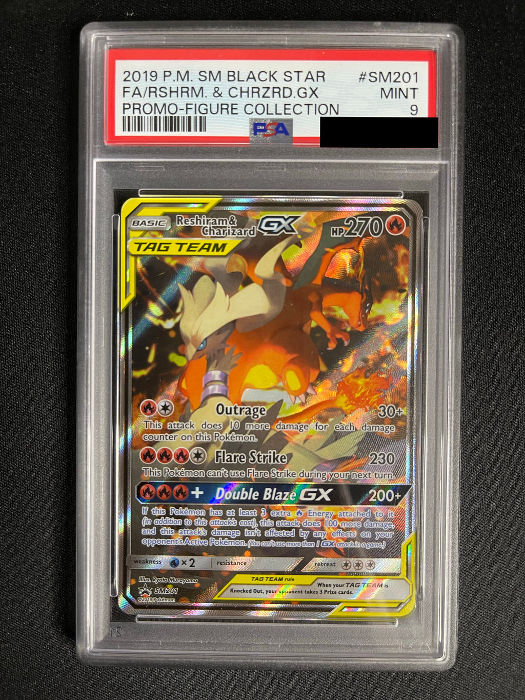 Reshiram & Charizard GX SM201 Black Star Promo PSA 9 — front original photo, PSA certificate hidden