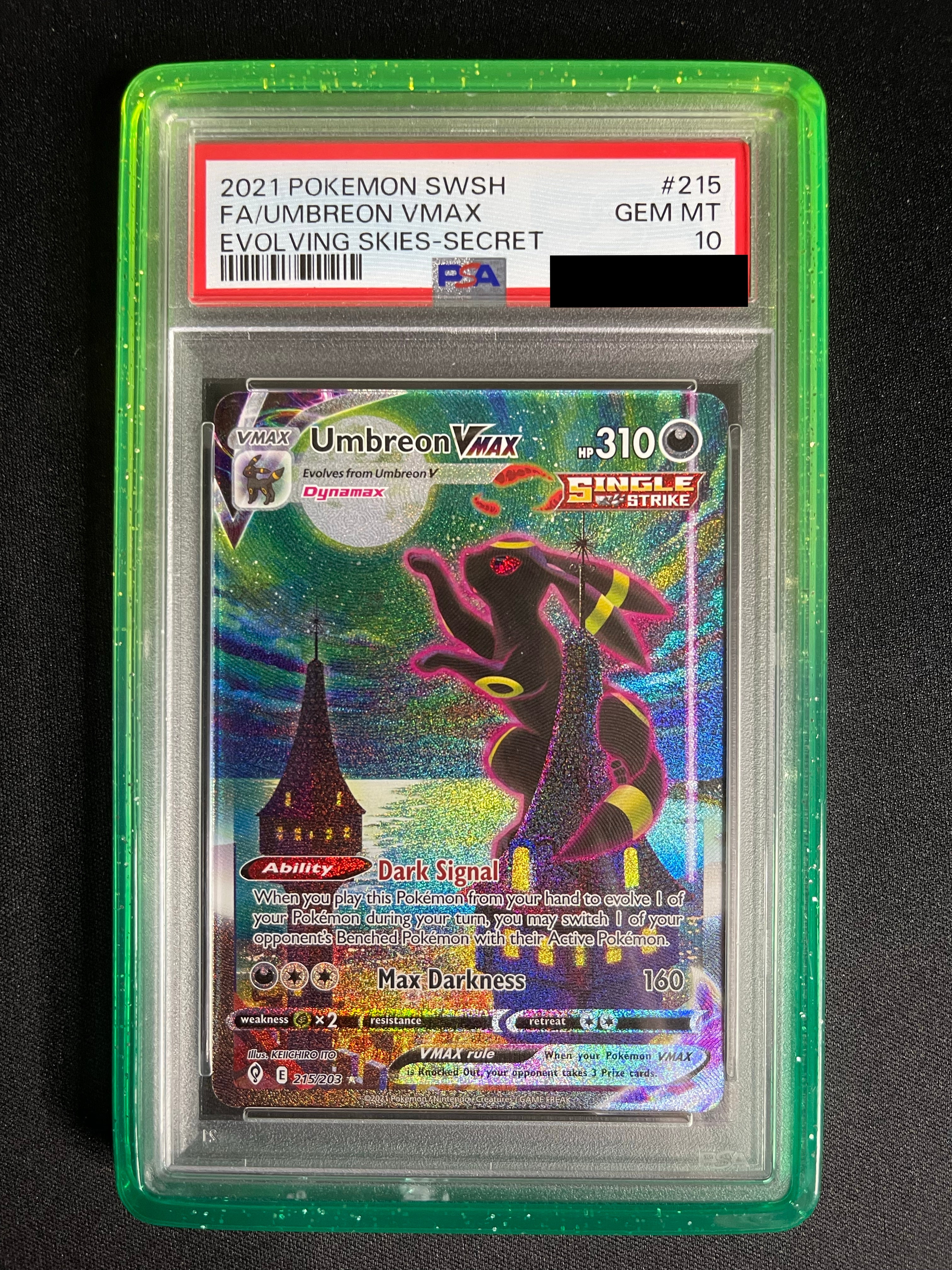 Umbreon VMAX 215/203 Evolving Skies Alternate Art PSA 10 — front original photo, PSA certificate hidden