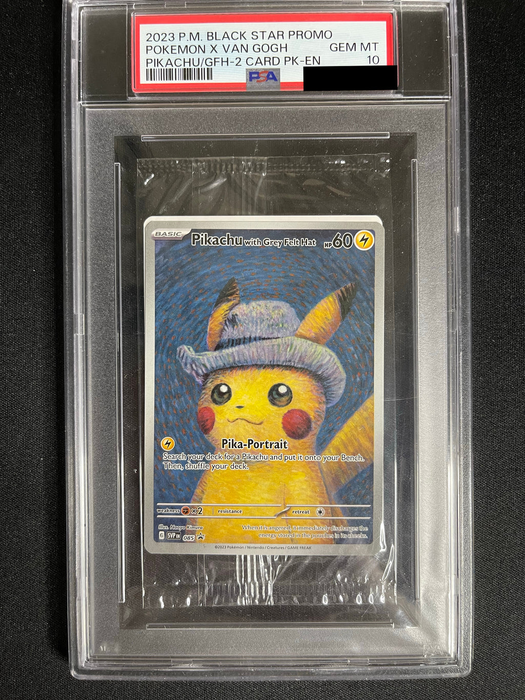 Pikachu with Grey Felt Hat 085/SV-P Pokémon x Van Gogh PSA 10 — front original photo, PSA certificate hidden